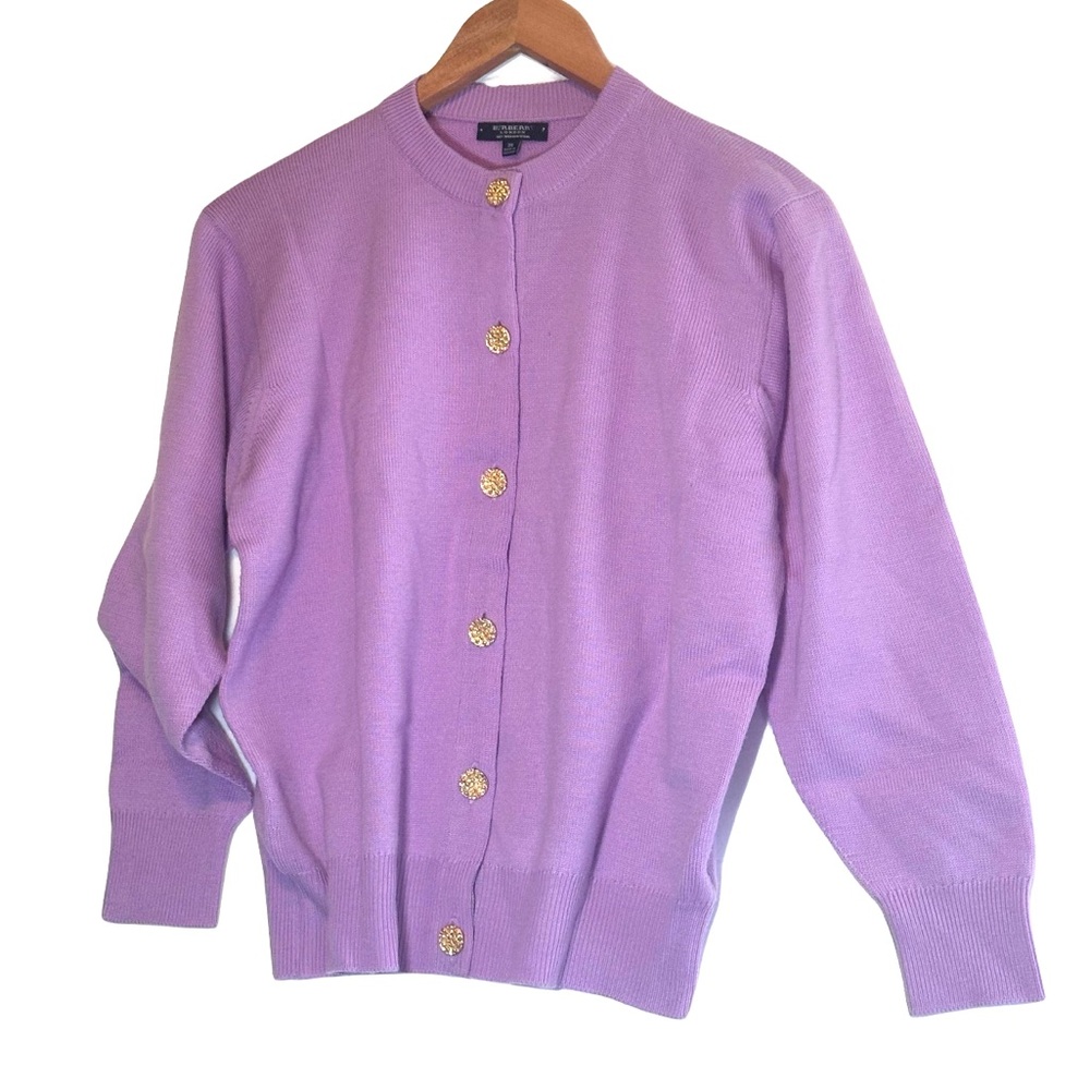 Vintage Burberry London 100% Merino Wool Cardigan Lilac Gold Buttons Scotland - Picture 1 of 7